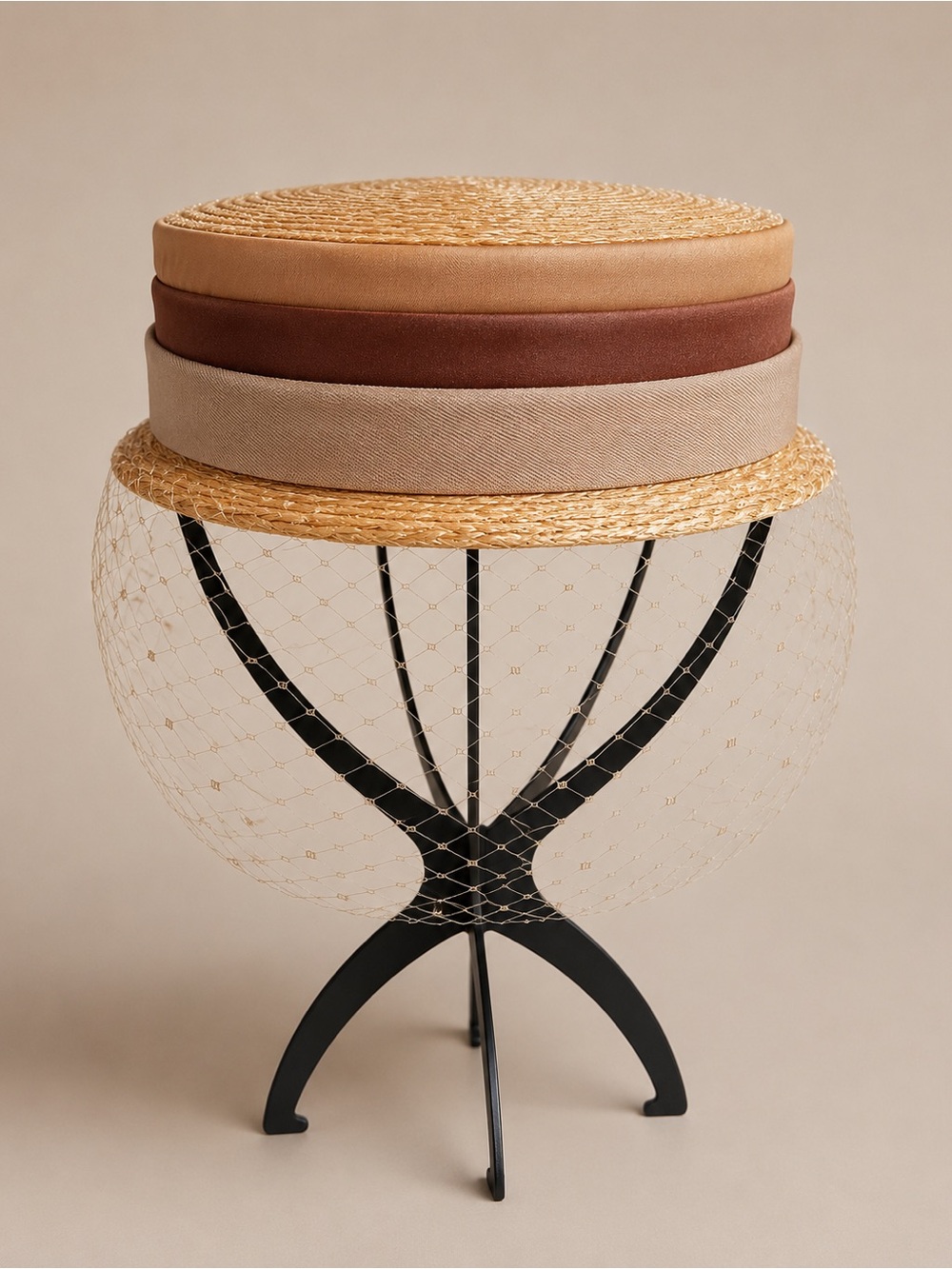 Vintage 1950s-1960s Straw Pillbox Hat With Birdcage Veil Beige Brown Satin Trim